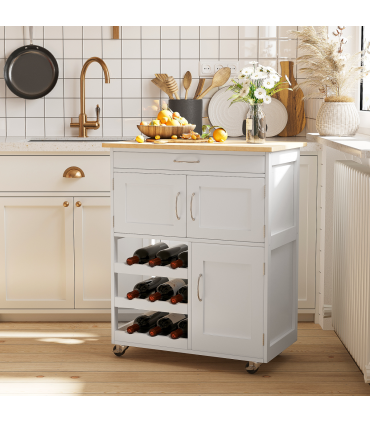 Modern Kitchen Trolley Rolling Island Storage Cart Drawer 9 Bottle Rack White