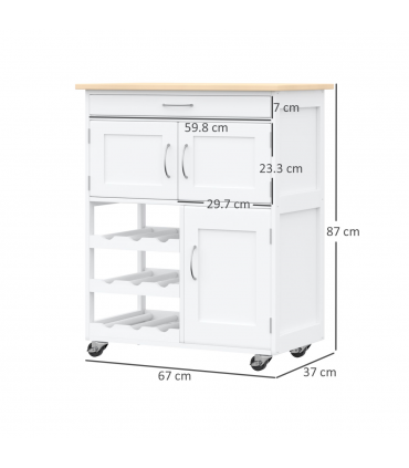Modern Kitchen Trolley Rolling Island Storage Cart Drawer 9 Bottle Rack White