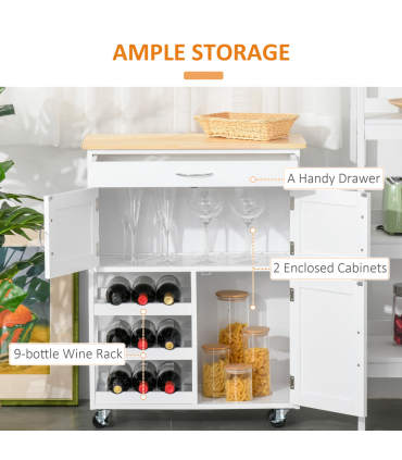 Modern Kitchen Trolley Rolling Island Storage Cart Drawer 9 Bottle Rack White