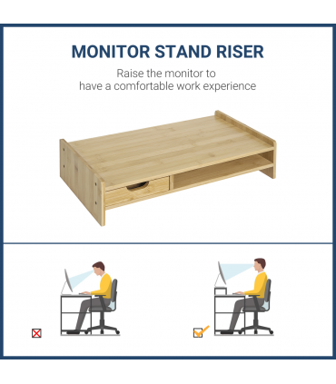 Monitor Riser Laptop PC Plinth Stand Desktop Organiser W/ Drawer Bamboo