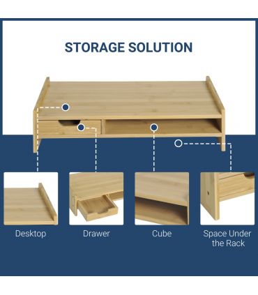 Monitor Riser Laptop PC Plinth Stand Desktop Organiser W/ Drawer Bamboo