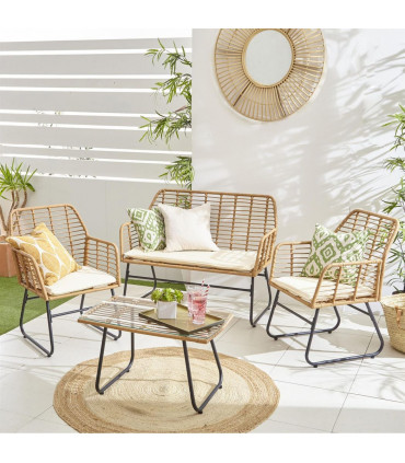 Neo 4 Piece Wicker Bamboo Style Garden Sofa, Table & Chairs Set