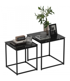 Nest of 2 Side Tables Set of Bedside Tables w/ Tempered Glass Desktop Black