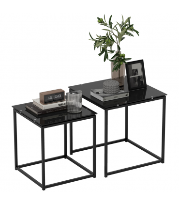 Nest of 2 Side Tables Set of Bedside Tables w/ Tempered Glass Desktop Black
