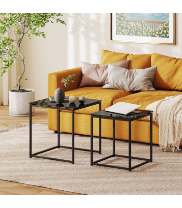 Nest of 2 Side Tables Set of Bedside Tables w/ Tempered Glass Desktop Black