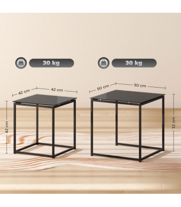 Nest of 2 Side Tables Set of Bedside Tables w/ Tempered Glass Desktop Black