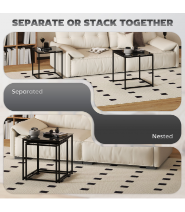 Nest of 2 Side Tables Set of Bedside Tables w/ Tempered Glass Desktop Black