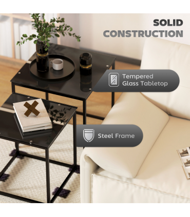 Nest of 2 Side Tables Set of Bedside Tables w/ Tempered Glass Desktop Black