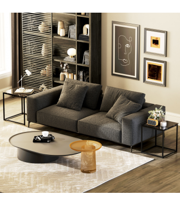 Nest of 2 Side Tables Set of Bedside Tables w/ Tempered Glass Desktop Black