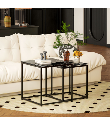 Nest of 2 Side Tables Set of Bedside Tables w/ Tempered Glass Desktop Black