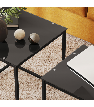 Nest of 2 Side Tables Set of Bedside Tables w/ Tempered Glass Desktop Black