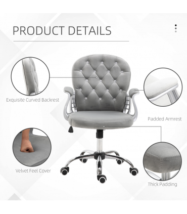 Office Chair Luxury Velour Diamond Tufted Padded Ergonomic 360 Swivel Grey