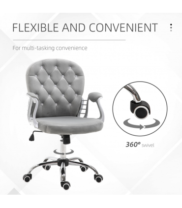 Office Chair Luxury Velour Diamond Tufted Padded Ergonomic 360 Swivel Grey