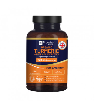 Organic Turmeric 2280mg (High Strength) with Black Pepper & Ginger - 180 Vegan Turmeric Capsules