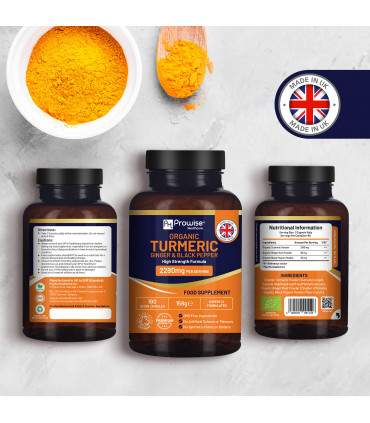 Organic Turmeric 2280mg (High Strength) with Black Pepper & Ginger - 180 Vegan Turmeric Capsules