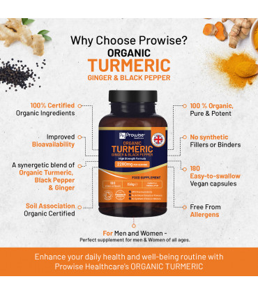 Organic Turmeric 2280mg (High Strength) with Black Pepper & Ginger - 180 Vegan Turmeric Capsules