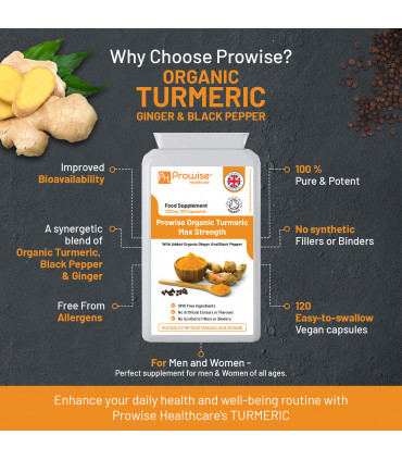 Organic Turmeric Curcumin 720mg - 120 Capsules | Organic Turmeric and Black Pepper Capsules High Strength | Vegan & Vegetarian Turmeric Supplements | Certified Organic by Soil Association by Prowise
