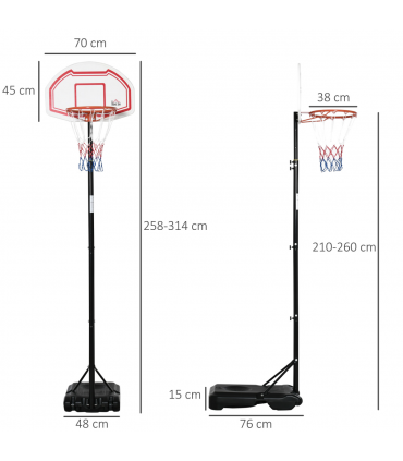 Outdoor Adjustable Basketball Hoop Stand w/ Wheels, Stable Base 258-314cm