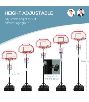 Outdoor Adjustable Basketball Hoop Stand w/ Wheels, Stable Base 258-314cm