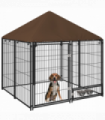 Outdoor Dog House Kennel with Canopy Top & Secure Lock Rotating Bowl Holder