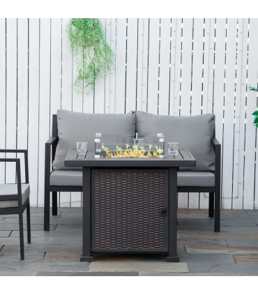 Outdoor Propane Gas Fire Pit Table Wind Screen & Glass Beads, Black Outsunny