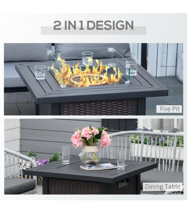 Outdoor Propane Gas Fire Pit Table Wind Screen & Glass Beads, Black Outsunny