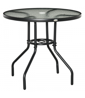 Outdoor Round Dining Table Tempered Glass Top Steel w/ Parasol Hole 80cm