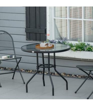 Outdoor Round Dining Table Tempered Glass Top Steel w/ Parasol Hole 80cm