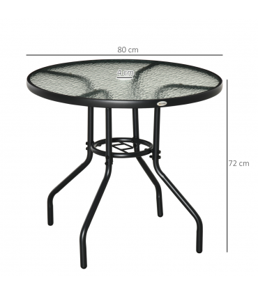 Outdoor Round Dining Table Tempered Glass Top Steel w/ Parasol Hole 80cm