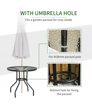 Outdoor Round Dining Table Tempered Glass Top Steel w/ Parasol Hole 80cm