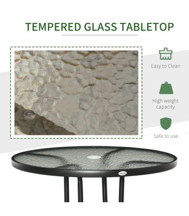Outdoor Round Dining Table Tempered Glass Top Steel w/ Parasol Hole 80cm