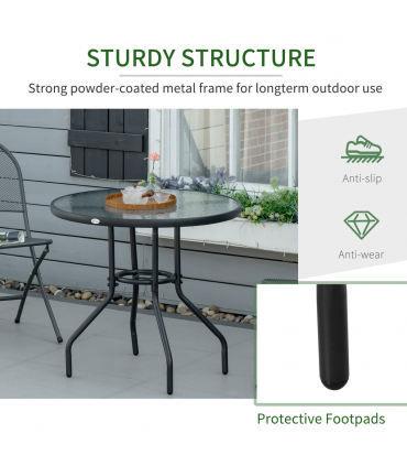 Outdoor Round Dining Table Tempered Glass Top Steel w/ Parasol Hole 80cm