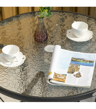 Outdoor Round Dining Table Tempered Glass Top Steel w/ Parasol Hole 80cm
