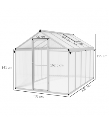 Outsunny 10x6ft Aluminium Greenhouse with/ Door Window Galvanised Base PC Panel
