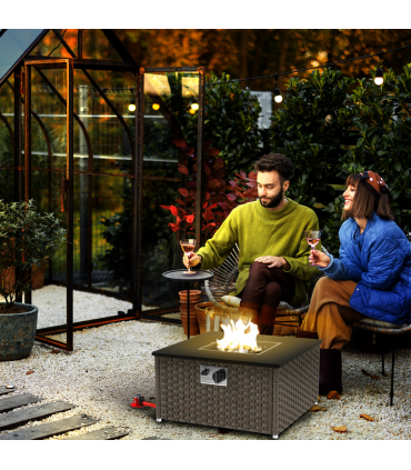 Outsunny 13 KW Rattan Gas Fire Pit Table, Propane Fire Pit for Garden, Grey