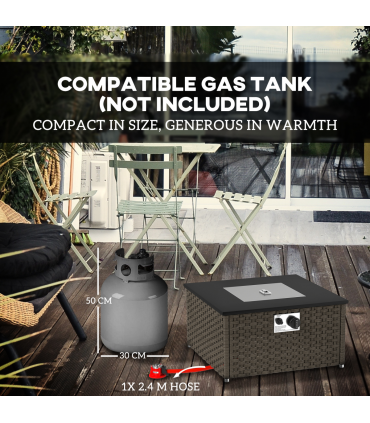 Outsunny 13 KW Rattan Gas Fire Pit Table, Propane Fire Pit for Garden, Grey