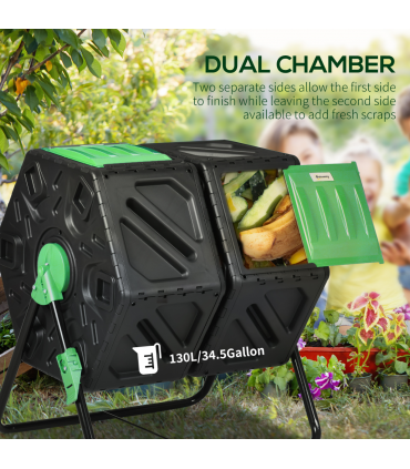 Outsunny 130L Compost Bin Dual Chamber Rotating Composter w/ Ventilation Holes