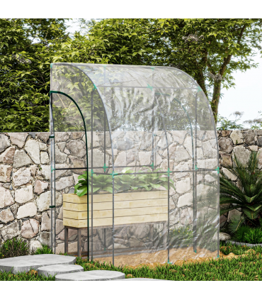Outsunny 143x118x212cm Walk-In Lean to Wall Tunnel Plastic Greenhouse with Doors