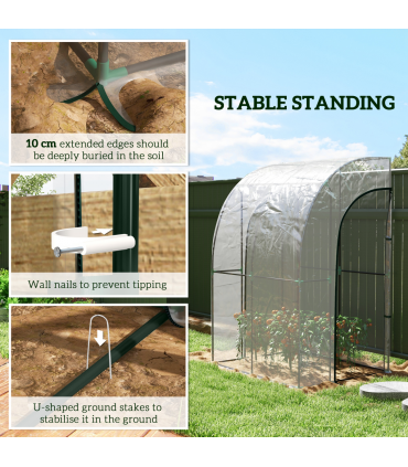 Outsunny 143x118x212cm Walk-In Lean to Wall Tunnel Plastic Greenhouse with Doors