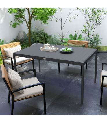 Outsunny 145cm Garden Table with Aluminium Frame, Slatted Design, Dark Grey