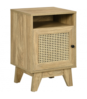Nightstand, Bedside Table with Drawer and Shelf, End Table with Rattan Element