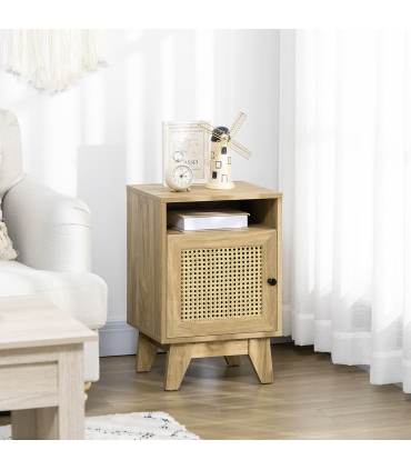 Nightstand, Bedside Table with Drawer and Shelf, End Table with Rattan Element
