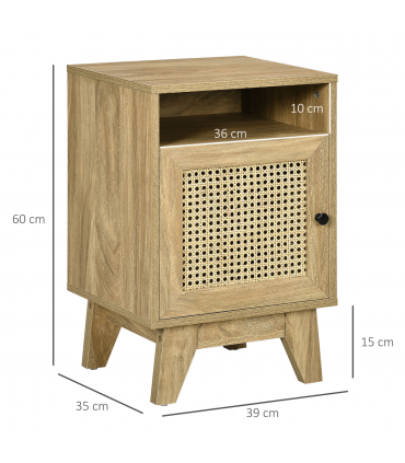 Nightstand, Bedside Table with Drawer and Shelf, End Table with Rattan Element