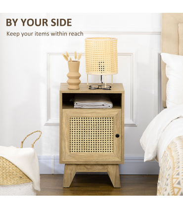 Nightstand, Bedside Table with Drawer and Shelf, End Table with Rattan Element