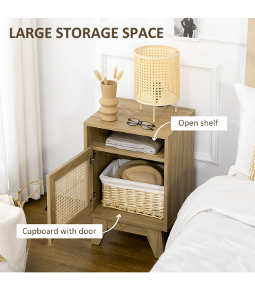 Nightstand, Bedside Table with Drawer and Shelf, End Table with Rattan Element