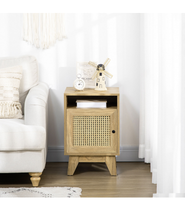 Nightstand, Bedside Table with Drawer and Shelf, End Table with Rattan Element