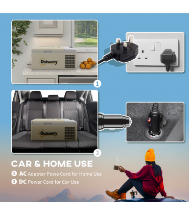 Outsunny 16L Car Refrigerator Fridge Freezer, 12/24V DC and 100-240V AC, Khaki