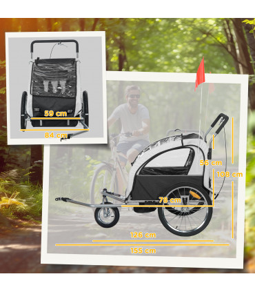 HOMCOM 2 Seat Bike Trailer with 5 Point Harness, for 18+ Months, Black