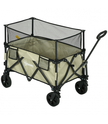 Outsunny 180L Folding Garden Trolley Wagon Cart w/ Extendable Side Walls, Khaki