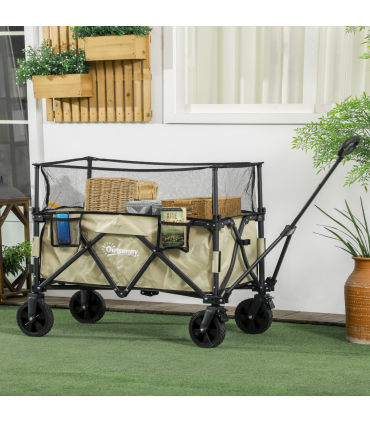 Outsunny 180L Folding Garden Trolley Wagon Cart w/ Extendable Side Walls, Khaki